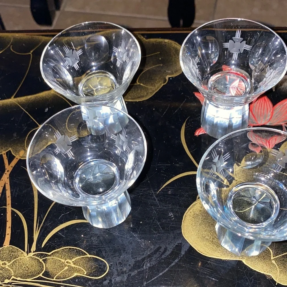 Vintage Mid Century Czech Art Deco Crystal Clear Glass Accent 4 Shot Glass BX39